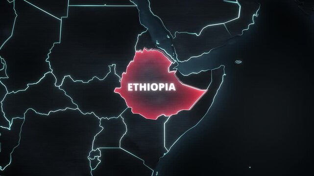 Map animation highlighting Ethiopia, Africa, featuring a glowing red territorial fill, luminous national borders, and bold typography for a travel and news-style graphic template.
