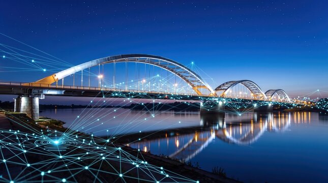 Illuminated arch bridge at night with digital network connection overlay, smart city infrastructure and internet of things, glowing blue nodes connecting over river reflecting