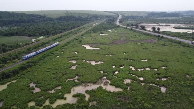 Aerial view of a passenger train traveling through green wetlands