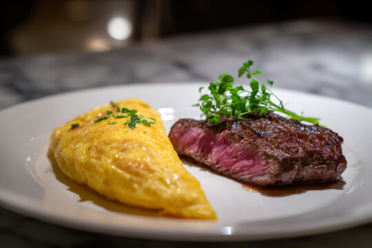 Golden Fluffy Omelette with Buttered Medium-Rare Steak in Elegant Steakhouse Light