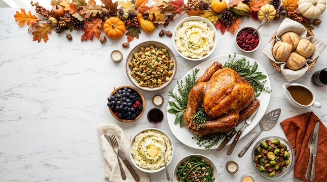 A festive thanksgiving dinner table spread featuring a roasted turkey with various traditional side dishes and autumn decorations