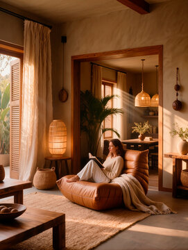 Woman Reading a Book in a Cozy Sunlit Room