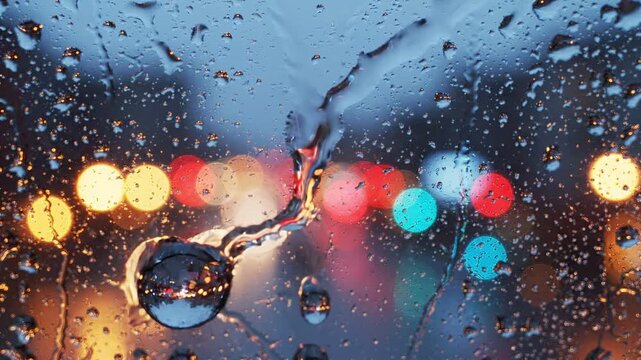 Raindrop sliding down a glass window during a rainy night. Urban street lights create colorful bokeh blur. Moody weather background for creative design projects.