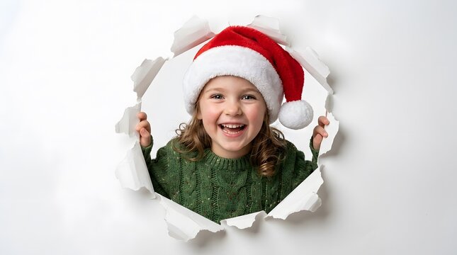 Child peeking through a hole in torn white paper in a creative perspective