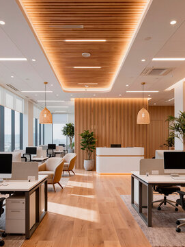 Open Plan Office Interior with Natural Light and Indoor Plants. AI genetrated