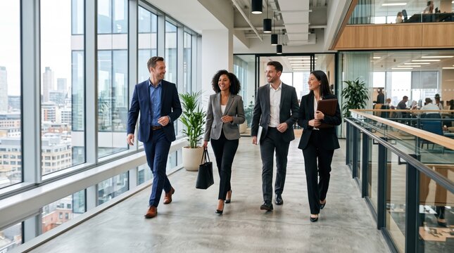 Diverse business team walking together in modern office corridor, corporate culture, employee engagement, workplace diversity, professional collaboration and company success.