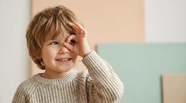 Curious child looking through a magnifying glass in a professional environment