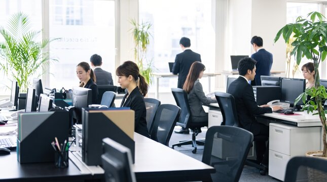 Diverse team of professionals working at desks in bright open plan office environment with large windows plants and computers reflecting modern corporate workplace culture
