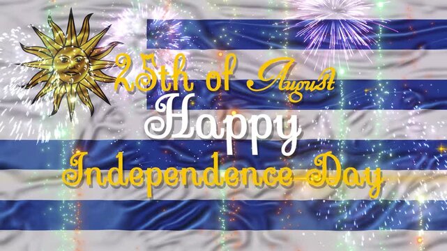 Happy Uruguay Independence Day Text and firework with flag wave animation. 14 august Uruguay event.