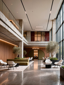 Open Plan Office Interior with Natural Light and Indoor Plants. AI genetrated