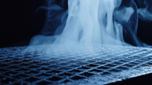 White smoke rising from a black metal barbecue grill. Close-up of hot charcoal and steam for cooking concept. Culinary background with blurred vapor motion.