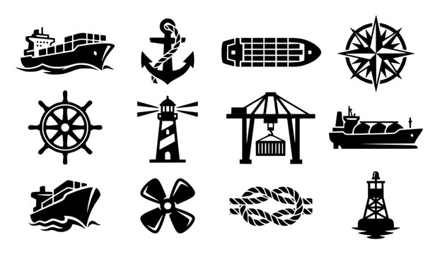 Geometric negative space black and white ocean maritime cargo ship boat monogram icon set in 3x4 grid layout