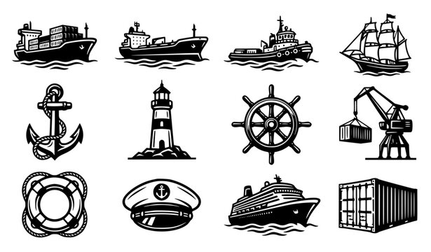 Black and white ocean maritime cargo ship boat icon set in bold geometric line art with 12 grid illustrations