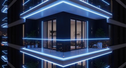 Fototapeta premium Modern Apartment Building Exterior With Blue Neon Lights At Night