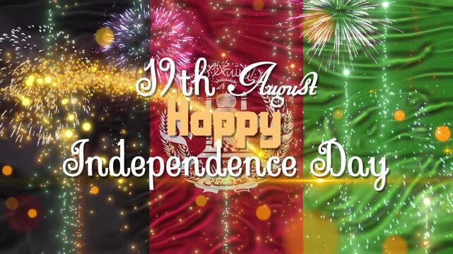Happy Afghanistan Independence Day Text and firework with flag wave animation. 14 august Afghanistan event.