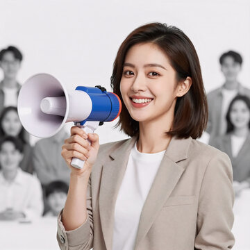 Cartoon Megaphone Teen. An Asian Woman, Smiling And Holding A Megaphone, Shouts Something At The Customer In A White Background
