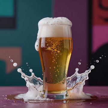 Synthwave Splash Ornate. Beer Glass Splash Design Against A Background