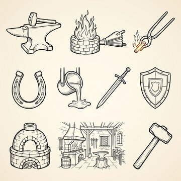 Vintage Hand Drawn Blacksmith Tools And Medieval Equipment Icons Featuring Forging Anvil Hammer Bellows Glowing Metal Horseshoe Sword Casting Crucible And Traditional Hearth Furnace Workshop