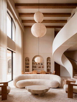 Spacious Living Room with Spiral Staircase and Curved Sofa