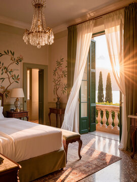 Luxurious Bedroom with Balcony View at Sunset. AI generated