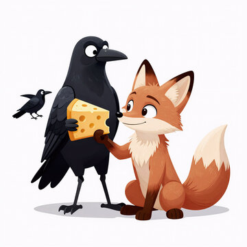 Surreal Crow Yellow. Digital Illustration Of A Fable Scene: Crow With Cheese And Fox