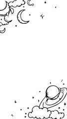 Celestial doodle elements including crescent moon stars and Saturn with rings hand-drawn illustration for cosmic themes and fantasy designs © Irhama Iqbal 
