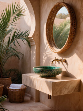 Water Running from Brass Faucet into Patterned Ceramic Sink in Mediterranean Bathroom