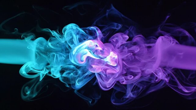 Blue and purple ink swirling in water. Colorful liquid clouds colliding in dark background. Abstract fluid art effect for creative design and science concept.