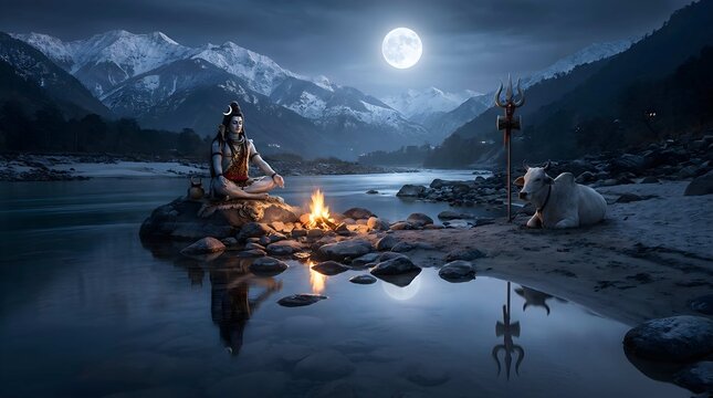Serene Hindu Deity Lord Shiva Meditating by a Himalayan River Under the Full Moon Light with a Sacred Bull at Night