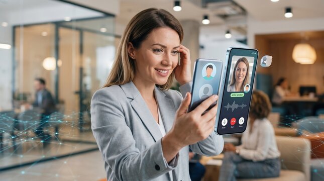 Professional woman smiling while making video call on smartphone with futuristic holographic interface, remote communication technology, virtual connection with colleague
