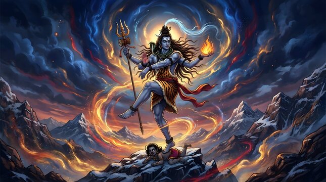 Divine manifestation of Lord Shiva performing the cosmic dance of destruction and creation amidst celestial energy and mountains
