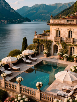 Luxury Villa with Swimming Pool Overlooking Lake and Mountains. AI generated