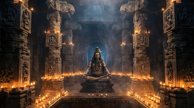 Lord Shiva meditating in a mystical ancient stone temple illuminated by warm glowing candles and mystical light