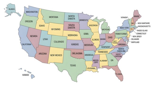 Colorful map of the united states with state names