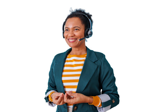 Professional black woman wearing a headset, smiling and providing customer service, support, and telemarketing with a transparent background