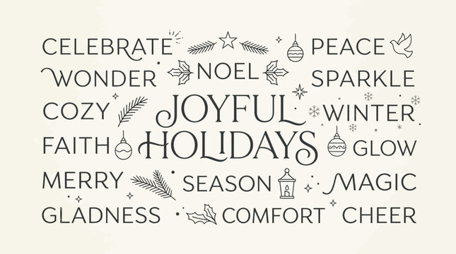 A festive holiday word cloud design with seasonal typography and decorative winter icons