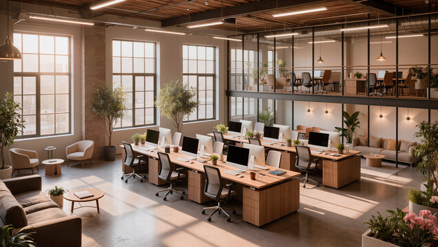 Open Plan Office Interior with Natural Light and Indoor Plants. AI genetrated