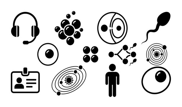 Science, biology, and technology vector illustration set featuring headset, cells, cell division, sperm, solar system, ID badge, and human figure icons on a white background