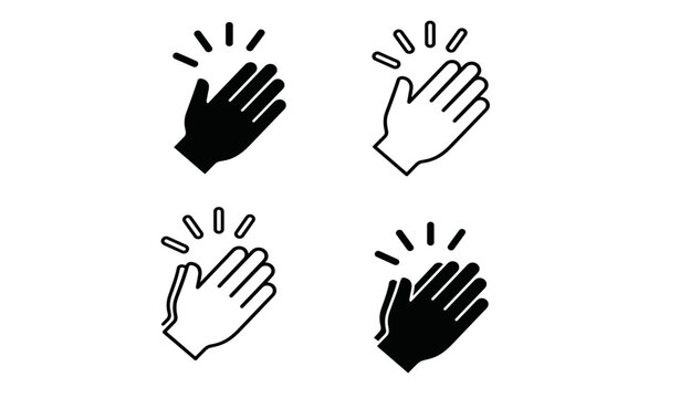 Waving and clapping hands vector illustration set featuring solid black and outline hand icons with motion lines on a white background