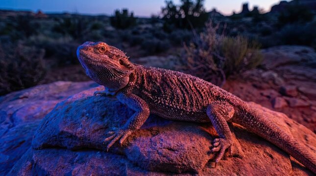 Bearded dragon lizard on desert rock at twilight