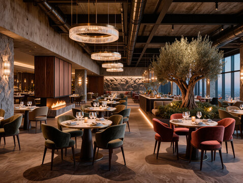 Upscale Restaurant Dining Area with City Skyline View in High-Rise Building. AI generated