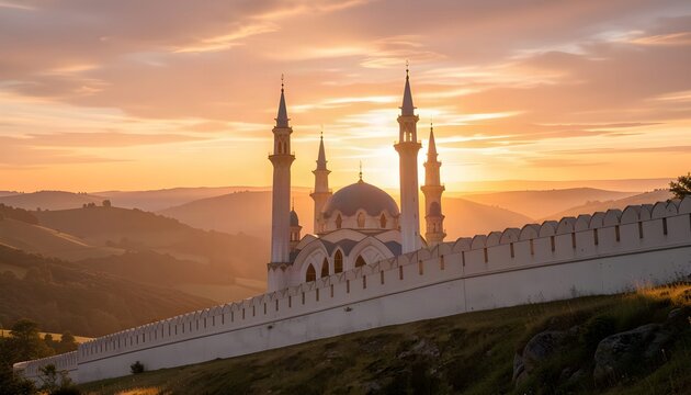 Stunning view of the blue-domed Kul Sharif Mosque in Kazan Kremlin with graceful minarets, glowing white stone walls, and a warm golden sunset sky over rolling green hills.