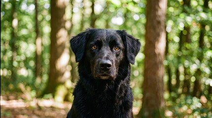 Obraz premium Black dog sitting in sunlit forest looking at camera