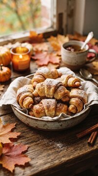 autumn food, autumn croissants, autumn pastries. buns close up. sweet pastries in the kitchen. atmospheric in the home kitchen. homemade croissants