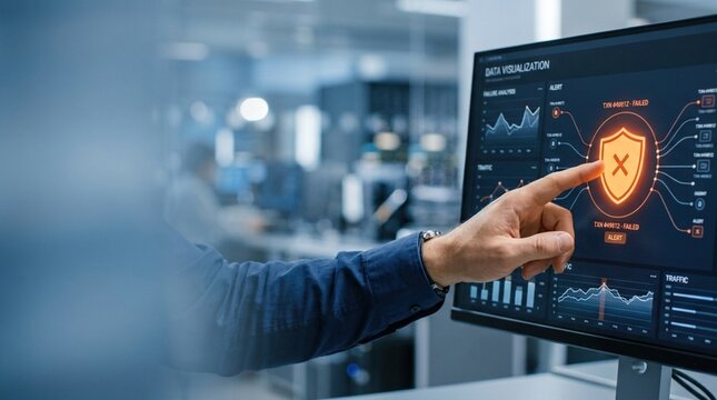 Data scientist tapping touchscreen monitor showing security alert and failure analysis metrics, representing cybersecurity, system breach detection, and network monitoring