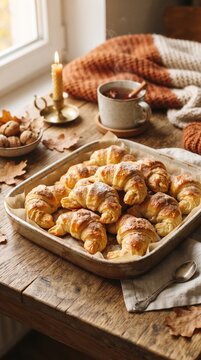 autumn food, autumn croissants, autumn pastries. buns close up. sweet pastries in the kitchen. atmospheric in the home kitchen. homemade croissants