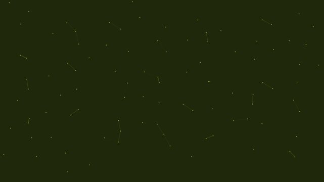 Glowing yellow dots and connecting lines forming abstract constellations in dark space background representing digital network communication science motion video footage rendered with high contrast fo