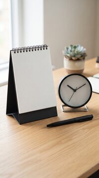 Blank desk calendar mockup on wooden table. a workspace with a calendar and clock for notes and deadlines. ime management and business goals.