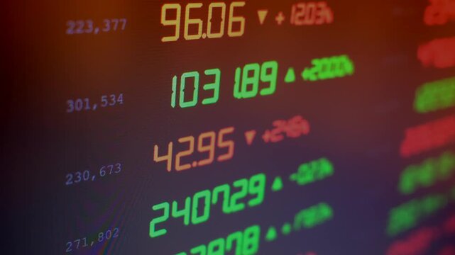 Stock market with price data and trading numbers on screen, financial investment concept