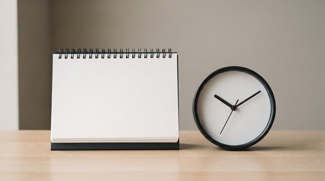 Desk planner with empty page mockup. Clock reminds of important upcoming deadlines. Useful mockup for sales and special offers. Concept of business reporting and new beginnings.